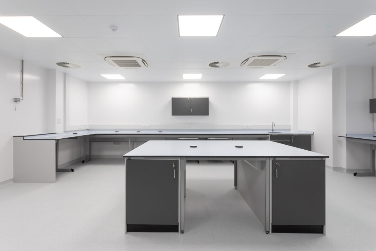 Laboratory furniture consisting of Pedestal and Exemplare C frame System
