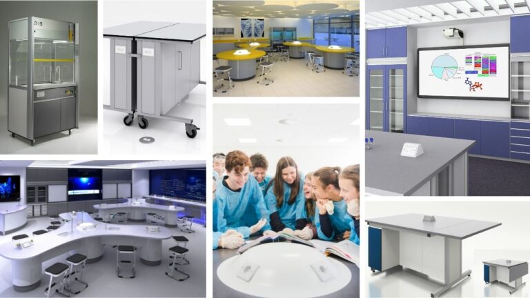 A montage of S+B STEM furniture systems and fume cupboards.