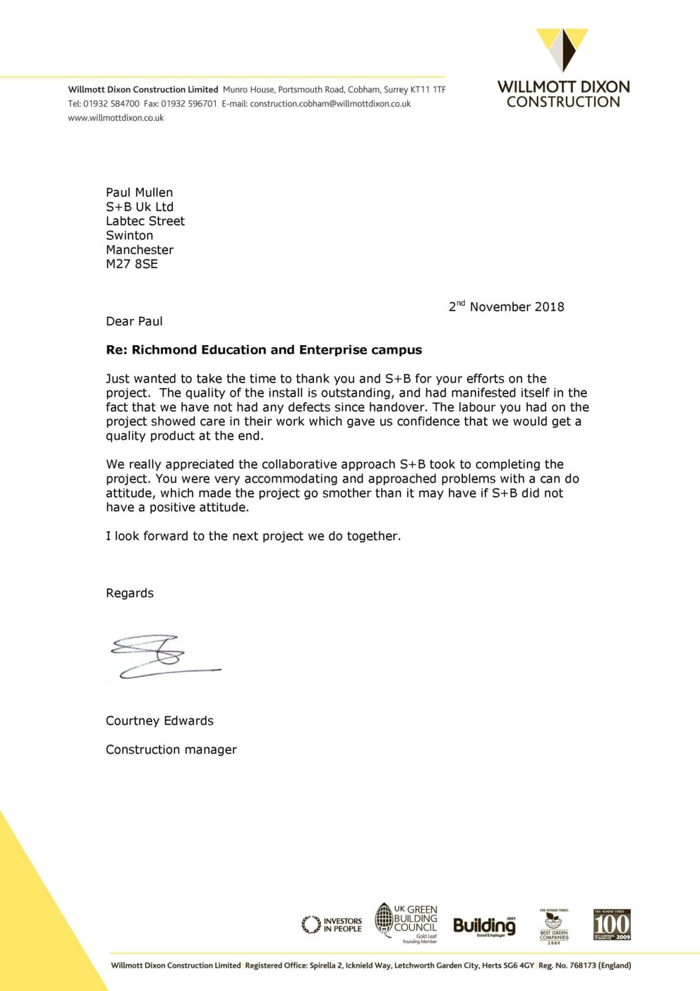 Willmott Dixon Recommendation Letter 