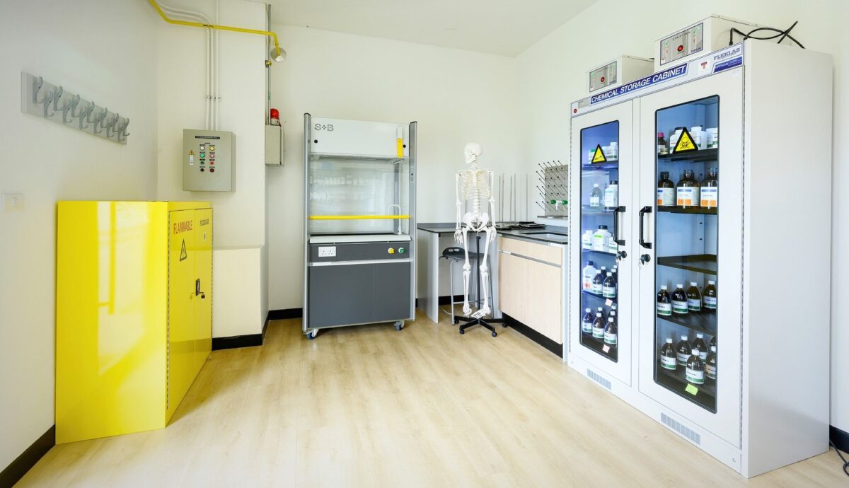 A lab with storage cupboards